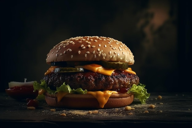 Der köstlichste riesige Burger mit dunklem Hintergrund