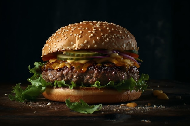 Der köstlichste riesige Burger mit dunklem Hintergrund