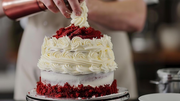 Der Konditor schmückt einen Kuchen mit weißer Sahne aus einem Gebäckbeutel Closeup