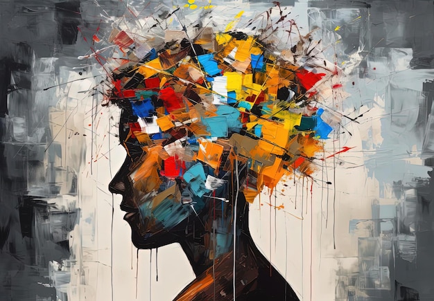 der Kopf der Person hat ein farbenfrohes Gemälde mit einem Gehirn im Inneren im Stil von grafischen Graffiti