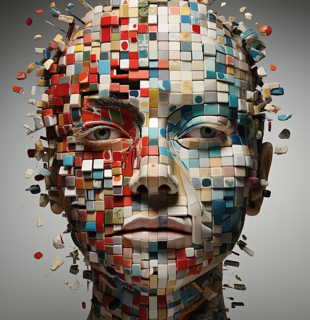 Der Kopf einer Person ist mit vielen verschiedenen Dingen im Stil von Patchworkmustern gefüllt