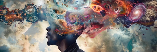Der Kopf einer Person ist voller verschiedener imaginativer Elemente und wirbelnder kosmischer Bilder, die einen mächtigen Brainstorming-Prozess darstellen.