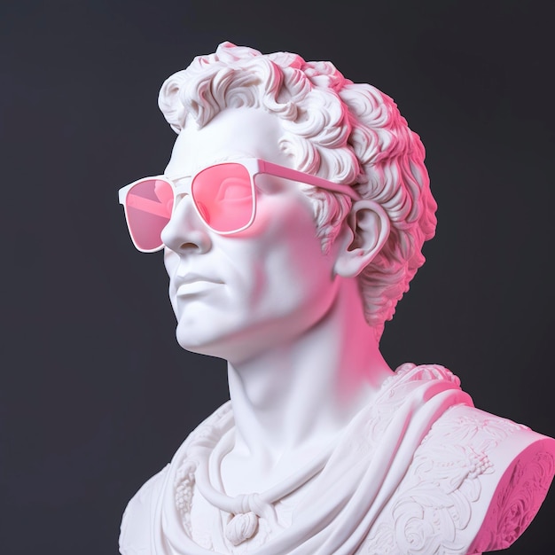 Der Kopf einer weißen mythologischen Statue mit einer modischen rosa Brille auf den Augen ist im Profil AI Generative eingerahmt