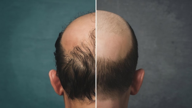 Der Kopf eines kahlen Mannes vor und nach der Haartransplantation ist ein Mann, der seine Haare verliert, geworden.