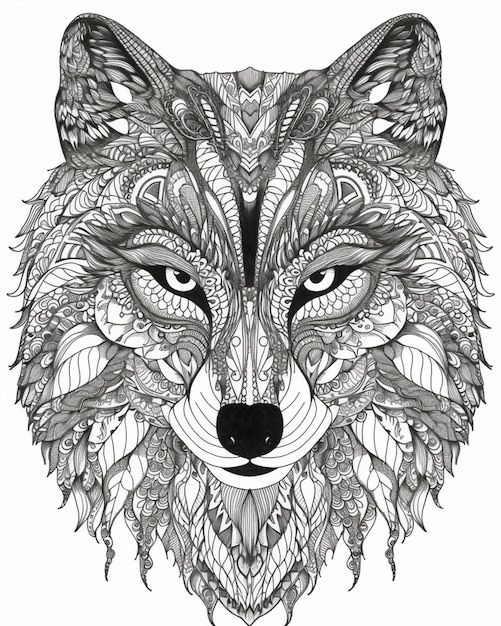 Der Kopf eines Wolfes mit Mustern darauf.