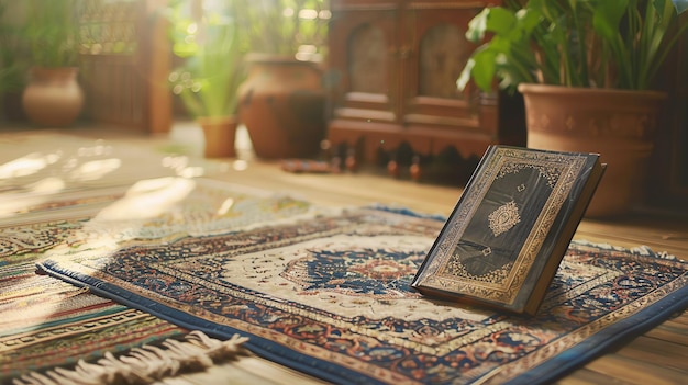 Der Koran auf einer Gebetsmatte mit Blick auf das Sonnenlicht