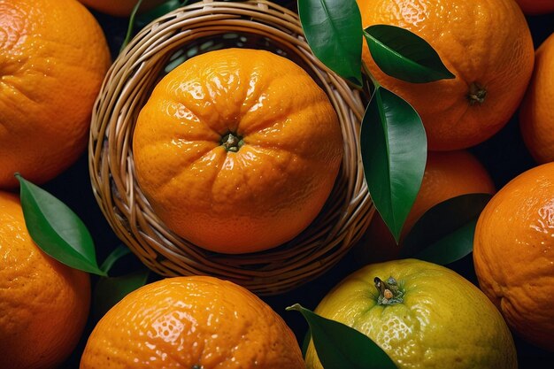 Der Korb ist voller lebendiger Orangen mit ihren hellen Zitrusfarben