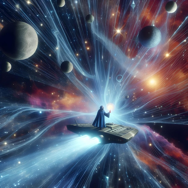 Foto der kosmische entdecker durchquert die intergalaktische leere auf einem raumschiff inmitten einer kaskade kosmischer strahlen