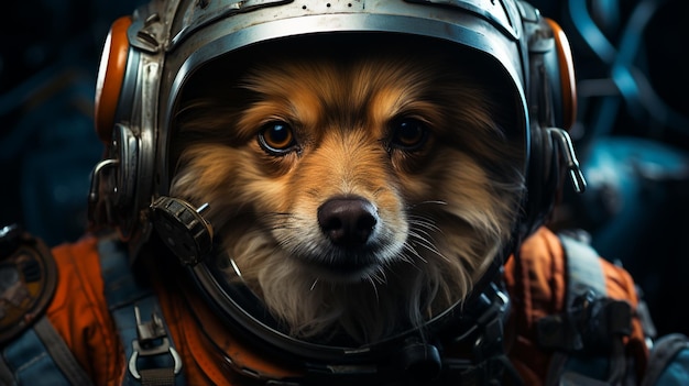 Der Kosmonautenhund in einem Raumanzug mit Helm auf einem dunklen Hintergrund Generative Ai