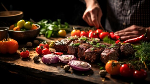 Der Küchenchef bereitet ein Gericht zum Servieren von Kebab mit Paprika, Gemüse und Kräutern vor und kocht Fleischgerichte