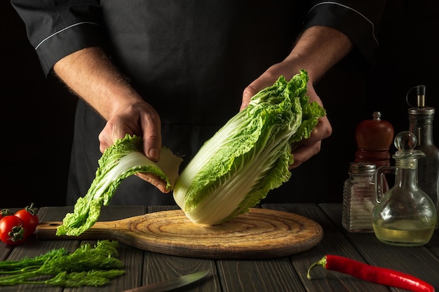 Der Küchenchef oder Koch bereitet einen frischen Chinakohlsalat zum Schneiden in der Restaurantküche zu