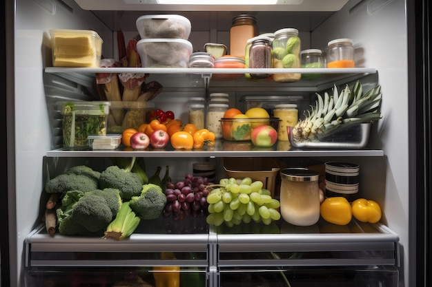 Der Kühlschrank ist voll bestückt mit einer Auswahl an frischen und nahrhaften Lebensmitteln, die mit generativer KI hergestellt wurden