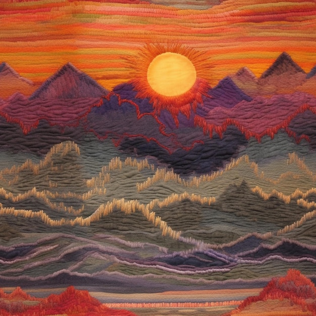 Der Künstler hat ein farbenfrohes Gemälde mit Bergen und der Sonne geschaffen.