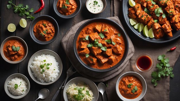 Der kunstvoll auf einem dunklen Holztisch angeordnete Hühner-Tikka-Masala wird in einem hochwertigen Ph