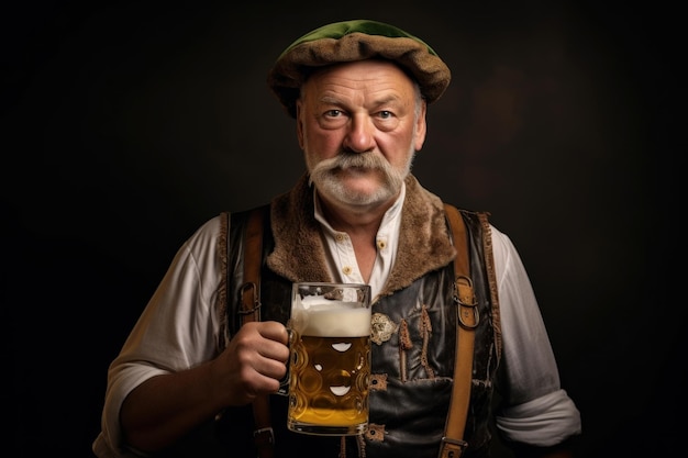 Der lächelnde alte Mann feiert das Oktoberfest mit einem Bierbecher in der Hand