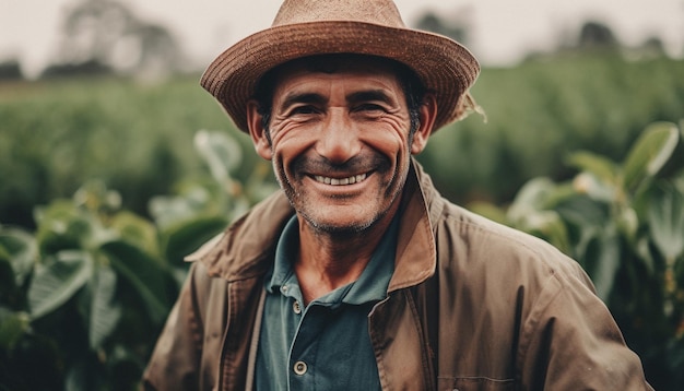 Der lächelnde Bauer genießt die von der KI erzeugte Frische der Natur selbstbewusst und glücklich