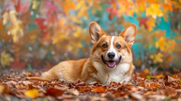 Der lächelnde Pembroke Welsh Corgi liegt auf Herbstblättern mit lebendigen Herbstfarben im Hintergrund