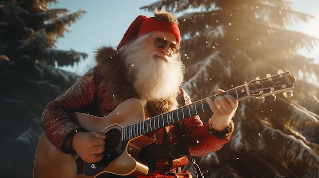 Foto der lächelnde weihnachtsmann spielt gitarre, während er gegen schnee mit roten flocken steht