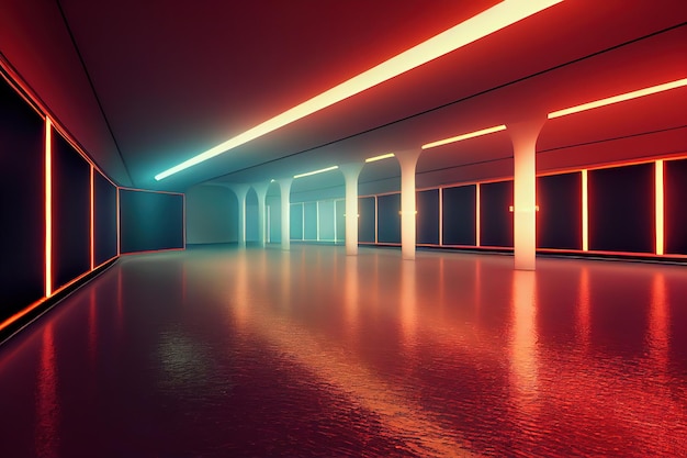 Der lange Saal der Galerie ist mit roten Neon-3D-Illustrationen beleuchtet