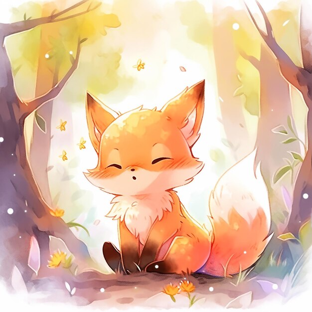 Der lebendige Chibi-Fuchs auf einem weichen Aquarell-Hintergrund