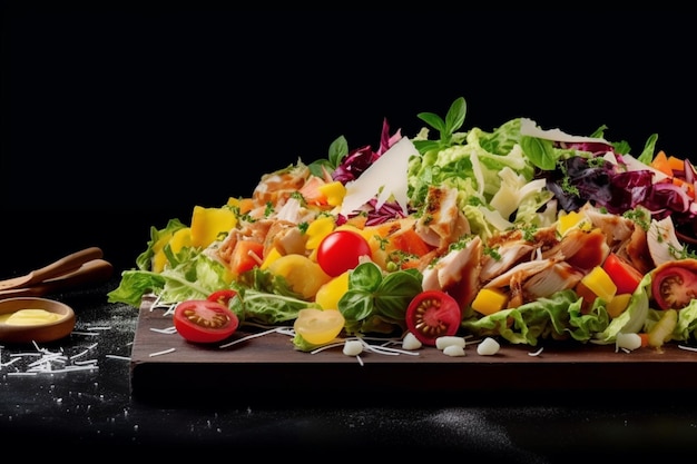 Der lebendige Salat des Meisterwerks des Küchenchefs wird auf einer Kreidetafel als Kopierraum präsentiert