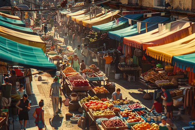 Foto der lebendige straßenmarkt ist voller verkäufer