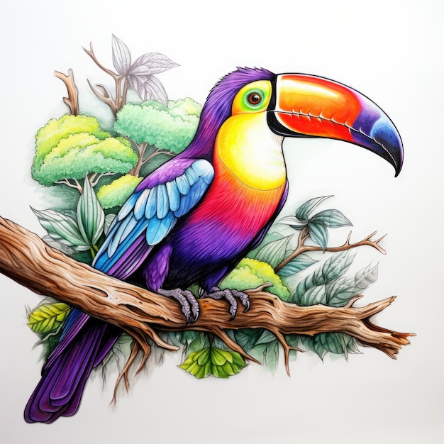 Der lebendige Toucan erfreut einen ungewöhnlichen Skizzenzeichner, der mit Regenbogen-Akzenten auf weißem Hintergrund zeichnet