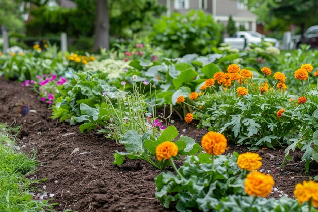 Der lebendige Wandteppich eines Gemeindegartens im Frühling Erbsen Salat Rettiche und Marigolds in Hülle und Fülle