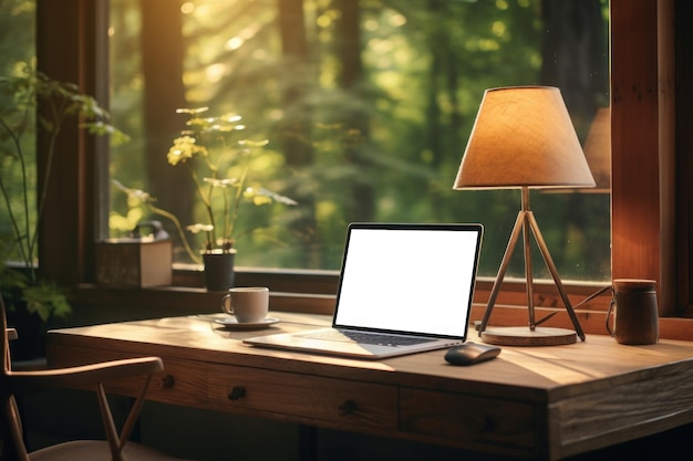 Der leere weiße Bildschirm und die Lampe des Laptops liegen nebeneinander im Stil der modernen generativen KI