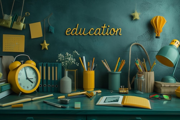 Der leuchtend blaue Hintergrund dient als Leinwand für farbenfrohe Schreibwaren und das Wort Bildung in fett gelben Buchstaben geschrieben
