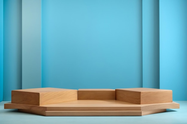 Der leuchtende hellblaue Hintergrund mit einem Holzpodium Auf der Spitze des Holzpodiums befinden sich zwei kleine Podiums, die der Produktdarstellung eine minimale Berührung verleihen