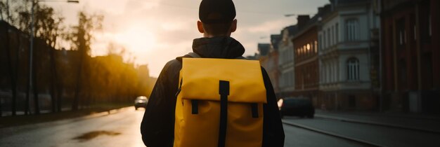 Der Liefermann fährt Fahrrad und liefert Waren mit einem Lieferrucksack von Generative durch die Stadt