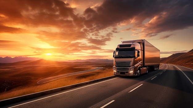 Der LKW fährt bei Sonnenuntergang über die Autobahn. Generative KI