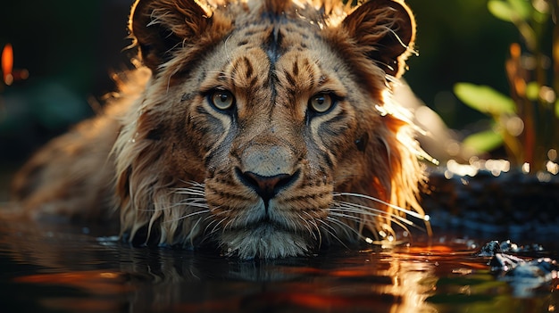 Foto der löwe betrachtet sein spiegelbild im wasser vor dem hintergrund des dschungels