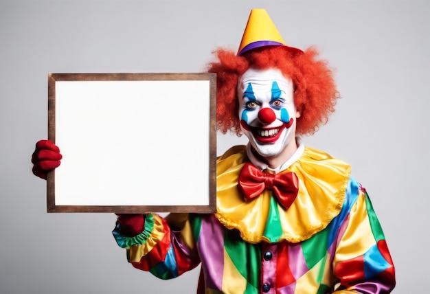 Der lustige Clown hält eine leere Tafel für den April-Schwindel Hintergrund