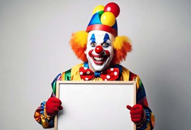 Der lustige Clown hält eine leere Tafel für den April-Schwindel Hintergrund