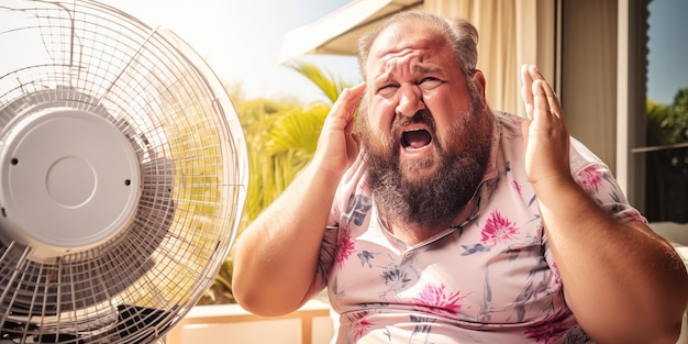 Foto der lustige, verschwitzte, mollige, bärtige mann im badeanzug sitzt zu hause und leidet unter der verrückten sommerhitze