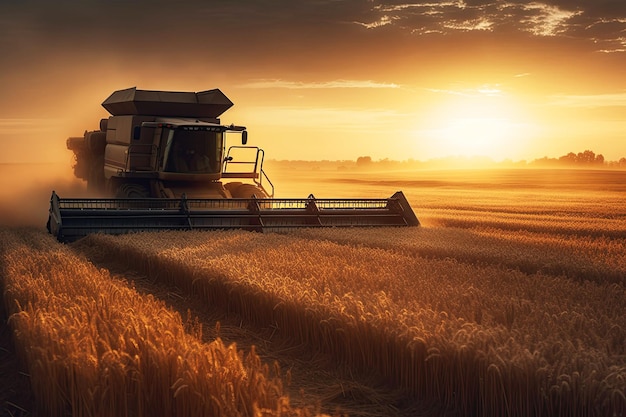 Der Mähdrescher erntet im Sommer bei Sonnenuntergang Weizen vom Feld auf dem Bauernhof. Generative KI-Illustration