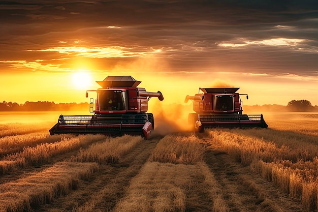 Der Mähdrescher erntet im Sommer bei Sonnenuntergang Weizen vom Feld auf dem Bauernhof. Generative KI-Illustration