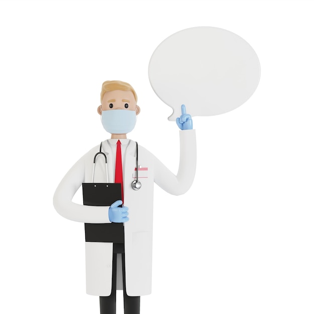Der männliche Arzt hob den Finger, um Ratschläge oder Ratschläge zu geben Arzt mit Sprechblase 3D-Illustration im Cartoon-Stil