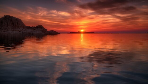 Foto der majestätische berg spiegelt den lebendigen sonnenuntergang über dem ruhigen wasser wider, der durch künstliche intelligenz erzeugt wird