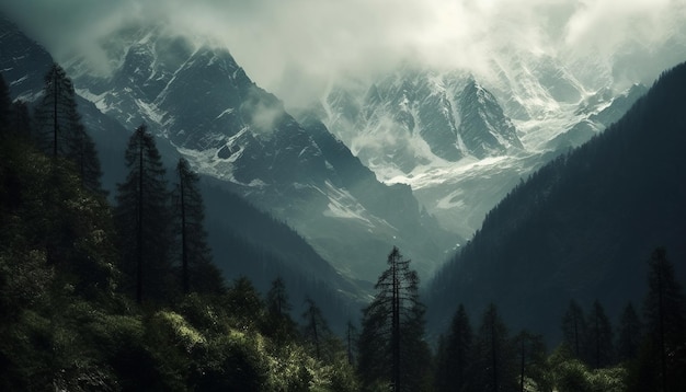 Der majestätische Berggipfel erhebt sich hoch über einer ruhigen, von KI erzeugten Wiese