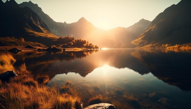 Der majestätische Berggipfel spiegelt sich in einem ruhigen, von der KI erzeugten Teich wider