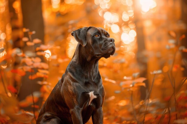 Foto der majestätische cane corso sitzt anmutig in einem üppigen wald