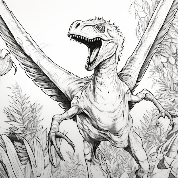 Foto der majestätische flug ein kühner gefiederter raptor-dinosaurier fliegt auf einer malbuchseite