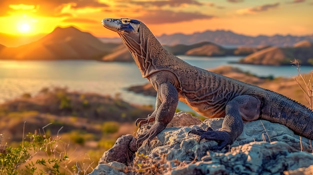 Der majestätische Komodo-Drache beim Sonnenuntergang in seinem natürlichen Lebensraum