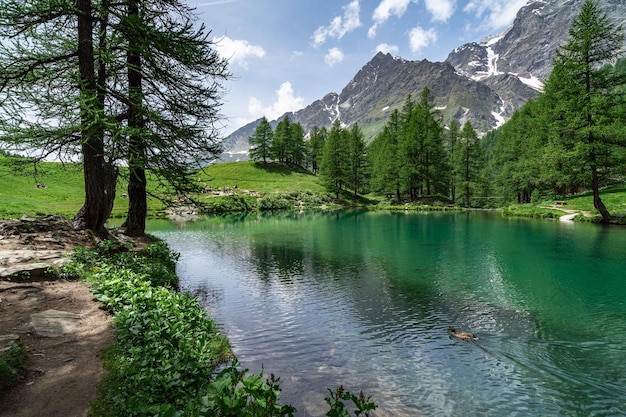 Der malerische Blaue See (Lago Blu), umgeben von einer wunderschönen alpinen Landschaft in der Nähe von Cervinia, Aostatal, Italien