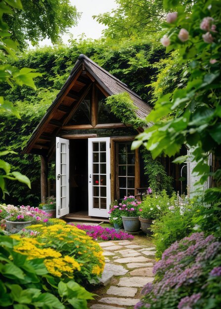 der malerische Charme einer rustikalen Hütte, umgeben von lebendigen Blumen und üppigem Grün