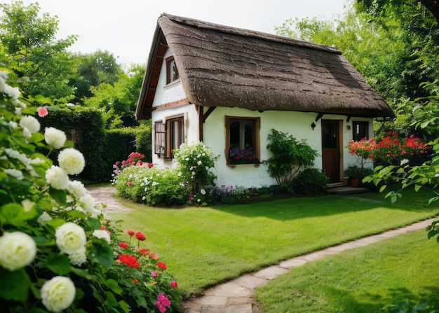 der malerische Charme einer rustikalen Hütte, umgeben von lebendigen Blumen und üppigem Grün