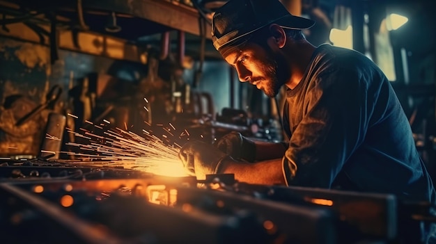 Der Mann arbeitet beim Schweißen in einer Metallfabrik